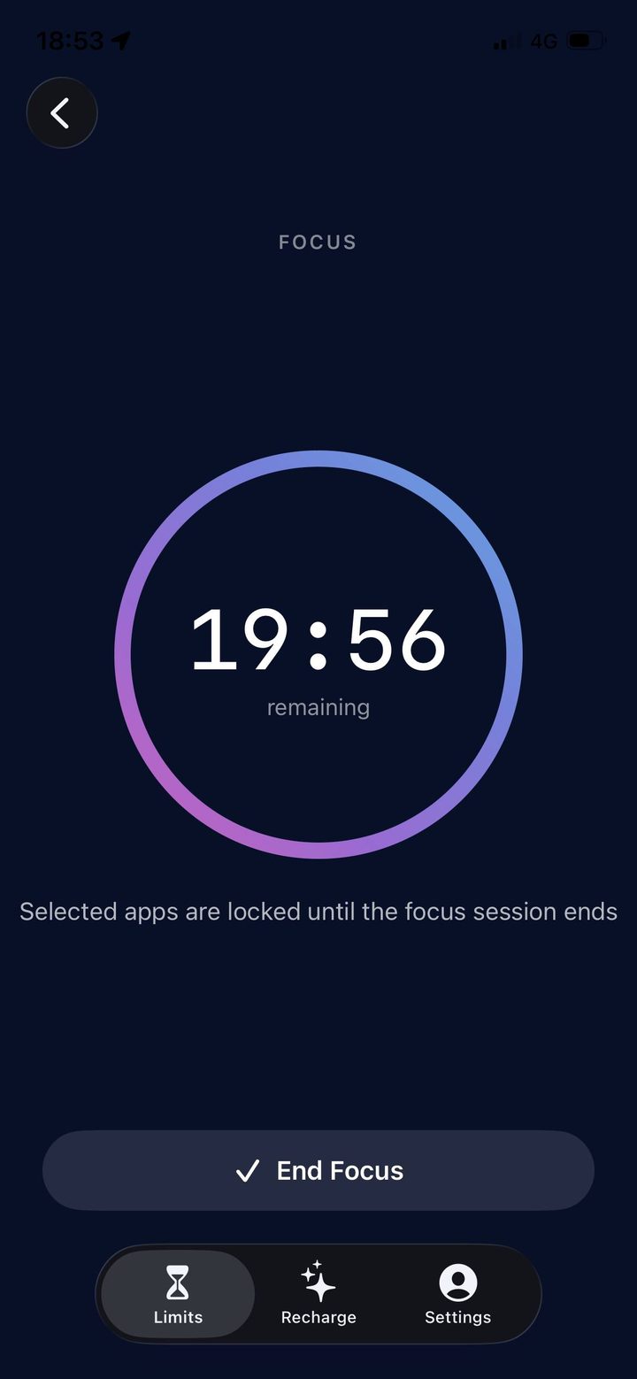 A Focus session running, 19:56 remaining